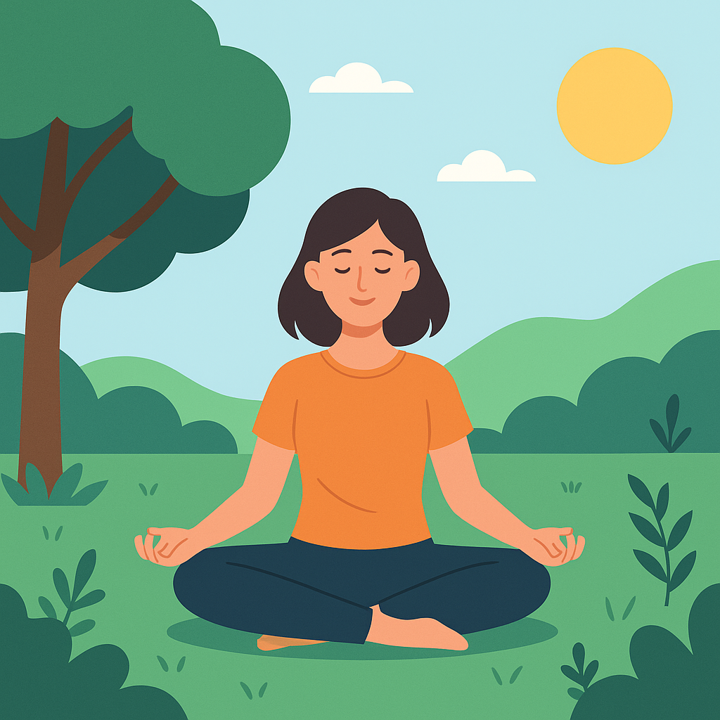Illustration showing how nature improves mental health through mindfulness meditation outdoors